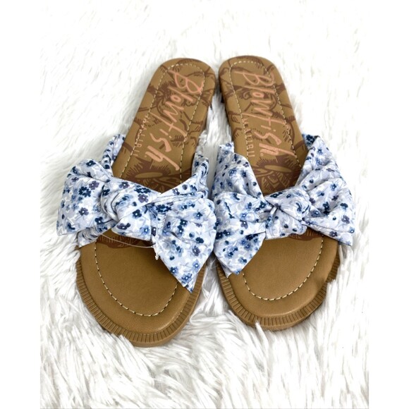 Blowfish Malibu Women's Sandals Anina Blue Floral Brown Bow Tie Slides - Picture 2 of 9